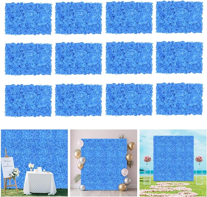 12Pcs Artificial Flower Wall Panel, 3D 15" X 15" Silk Rose Mat Artificial Flower Walls,Decorative Backdrop Flower Panels Wall for Wedding Party Stage Baby Shower Decor (Blue)