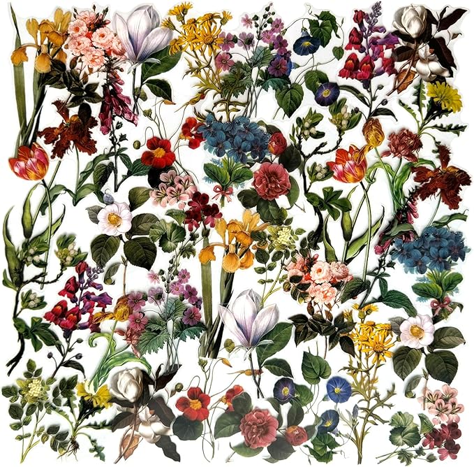 Vintage Flowers Plants Stickers - Doraking 40PCS Peel-Off DIY Decoration PET Paper Flowers and Plants Scrapbook Stickers for Scrapbook (Flower Collection)