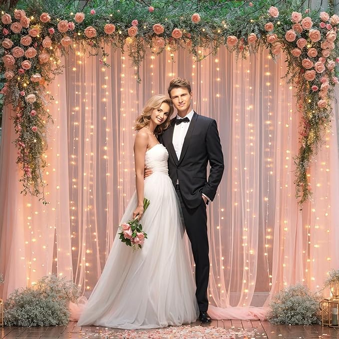 20x8ft Peach Tulle Backdrop Curtain with Lights String for Parites, Sheer Backdrop Curtains for Wedding Baby Shower Birthday Party Photo Shoot Decorations