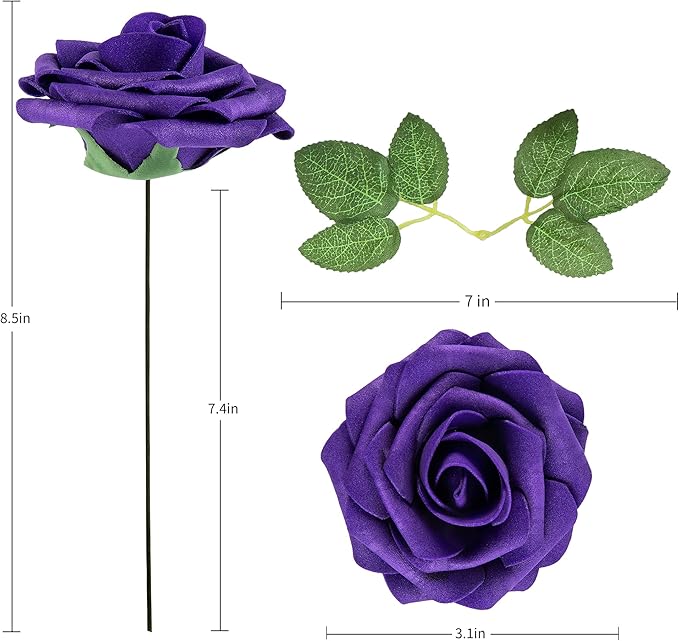 Artificial Flower Foam Rose 25pcs Real Looking Fake Rose with Stems Leaves for Home Decoration Party Garden Centerpieces DIY Wedding Bouquets（Purple）