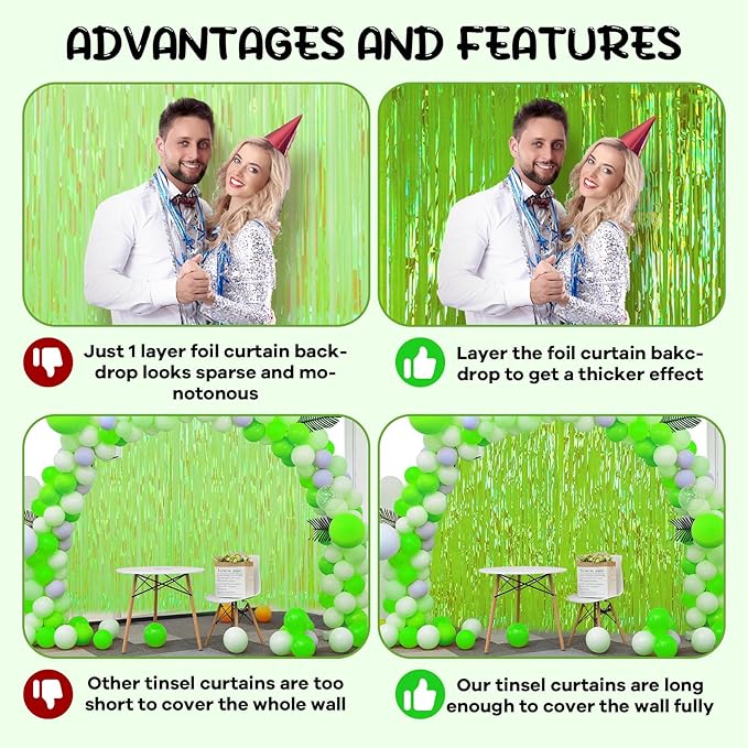 2 Pack 3.3x8.2 Feet Neon Green Foil Fringe Backdrop Curtains, Tinsel Streamers Birthday Party Decorations, Fringe Backdrop for Graduation, Baby Shower, Gender Reveal, Disco Party