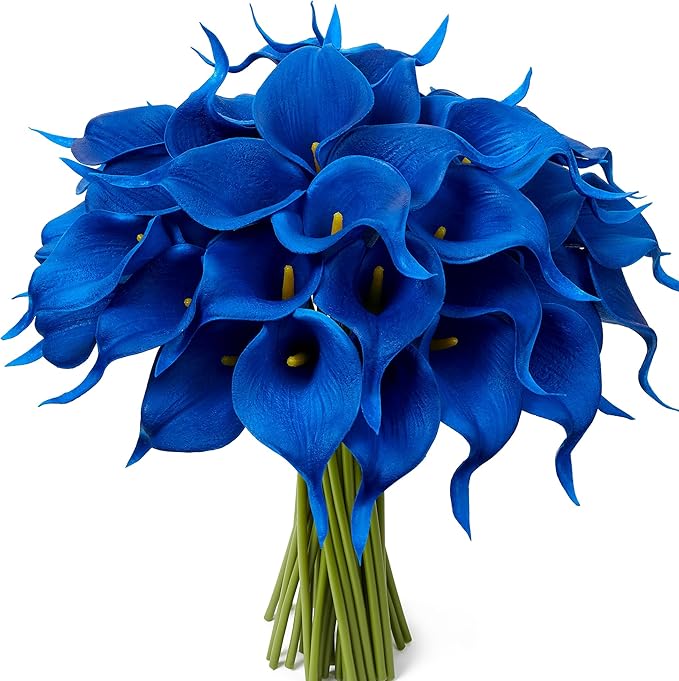 24 Pcs Blue Artificial Calla Lily Flowers Fake Blue Silk Flowers Real Touch for Wedding Bouquet Office Home Kitchen Decor