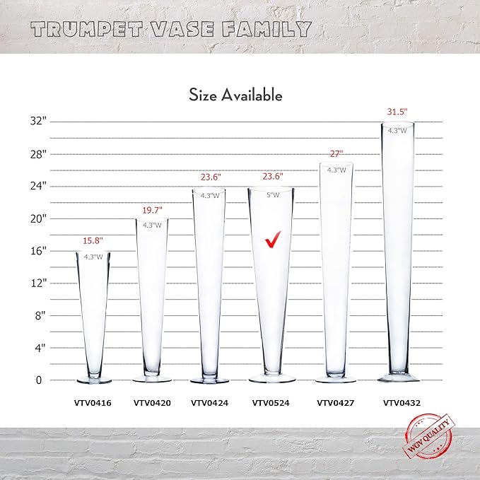 WGV Trumpet Glass Vase Bulk, Open 5", Height 23.5", (Multiple Sizes Choices) Clear Tall Pilsner Floral Planter Container Centerpiece, Wedding Event Home Decor, 6 Pieces (VTV0524)