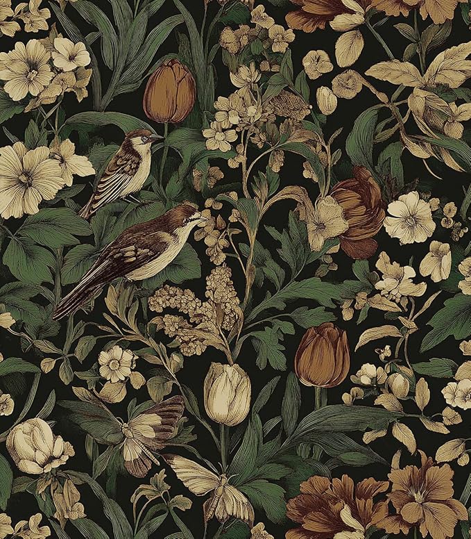 Erfoni 17.3" x 394" Bird Floral Peel and Stick Wallpaper Vintage Contact Paper for Livingroom Floral and Leaf Self Adhesive Wall Paper Retro DIY Removable Decorative Wallpaper Vinyl Roll Dark