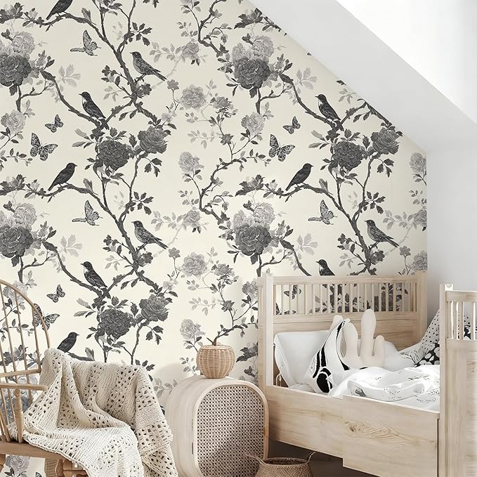 Vintage Peel and Stick Floral Bird Contact Paper Butterfly Removable Botanical Leaf Tree Wallpaper 17.7" x 118.11" Wall Paper Sketch Self Adhesive for Classroom Bedroom Laundry Room Bathroom