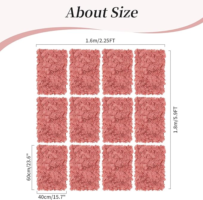 BLOSMON Flower Wall Panel Backdrop Decor: 12 Pcs 24 x 16 inches Dusty Pink Artificial Floral Backdrop for Wedding Party Baby Bridal Shower - Fake Silk Hydrangea Wall Decoration