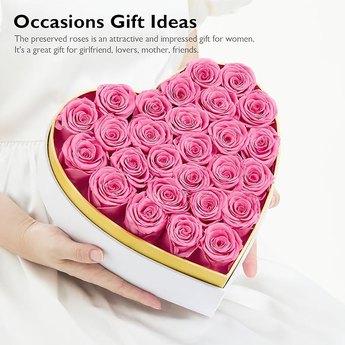 Eterfield 27 Forever Flowers in Heart Shape Box, Preserved Roses That Last a Year Preserved Flowers Birthday Gifts for Her Mom Women Wife Anniversary Valentines Day Mothers Day Christmas, Pink