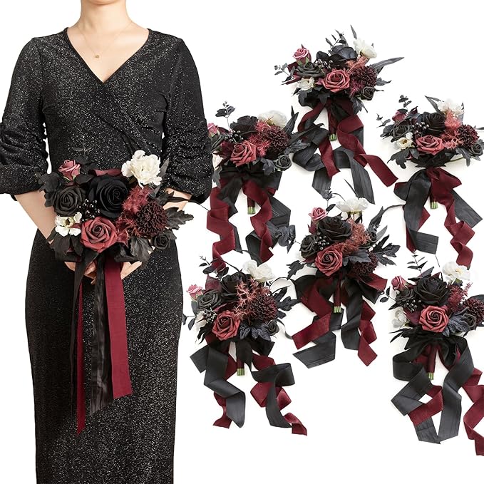 Ling's moment Artificial Flowers Gothic Bridesmaid Bouquet Set of 6, Burgundy and Black Bridal Bouquets for Bridesmaids, 7 Inch Wedding Flowers Bouquets for Wedding, Ceremony, Anniversary, etc