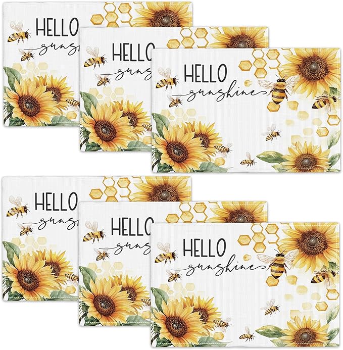 Farmhouse Sunflower Placemats Set of 6, Hello Sunshine Place Mats, Rustic Bee Dining Table Mats, Washable Placemats for Kitchen Dining Room Home Decor 18L'' × 12W''