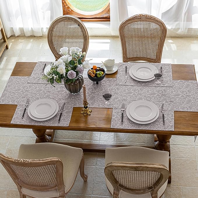 HEAVYWOOD Boho Placemats Set of 6 Cloth Floral Place Mats Paisley Botanical Table Mats for Kitchen Dinning Farmhouse Rustic Washable Tablemats 14x18 Inch (Greyish, 6)