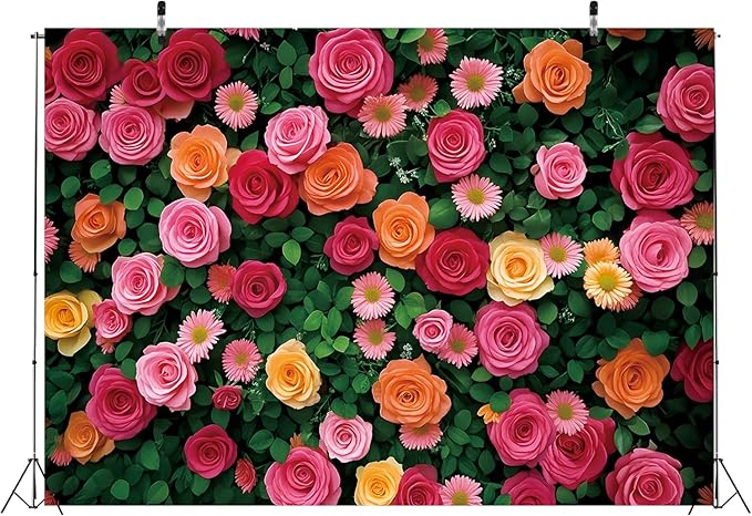 Flowers Backdrop for Photography Colorful Rose Floral Green Leaf Wall Backdrop for Valentine's Day Wedding Bridal Shower Birthday Party Decoration Supplies (60x36 inch (5x3FT))
