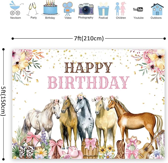 Riyidecor Horse Happy Birthday Backdrop Cowgirl Western Florals Flowers 7Wx5H Feet Polyester Fabric Bow Photography Background for Girls Women Princess Children Table Decor Banner Studio Photo Shoot