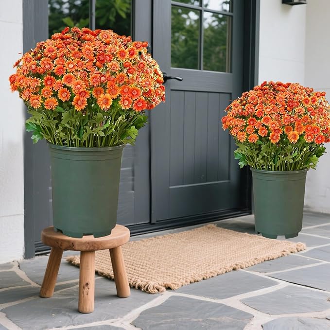 Artificial Mums, Artificial Sunset Mums, Artificial Outdoor Sunset Mum-s Flowers - UV Resistant, Waterproof, Windproof, Reflecting Autumn Vibe (Orange - 10 Bundles)