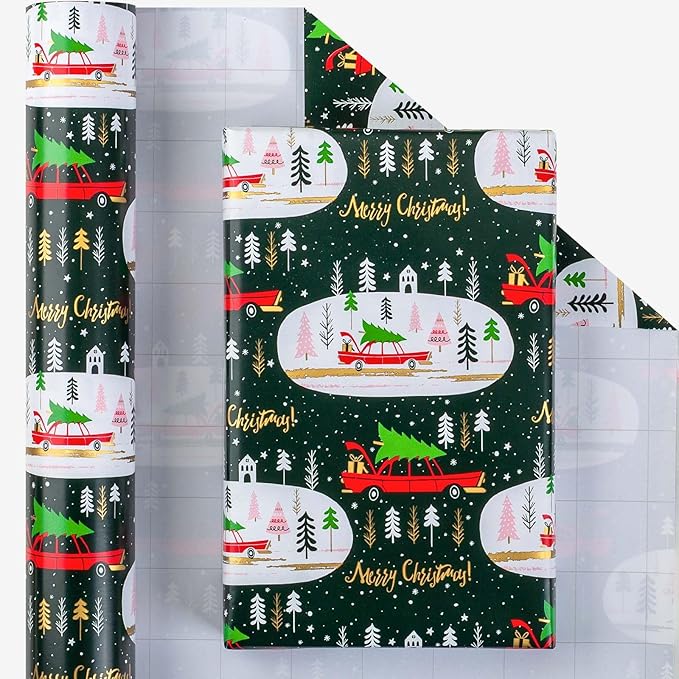 MAYPLUSS Green Christmas Wrapping Paper - 17In x 33 Feet - Truck, Christmas Tree Xmas Gift Wrapping, Gold Foil Wrapping Paper for Holiday, Party, Birthday New Year Gift Wrapping Paper,Mini Roll