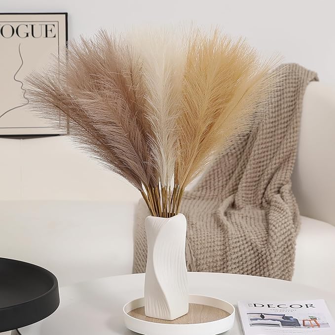 60pcs Pampas Grass Decor - 24 Inch Boho Home Decor, Artificial pompas Floral, Small Faux Pompous Grass for Table Centerpieces, Wedding and Baby Shower Decorations (Taupe & Beige & Khaki)