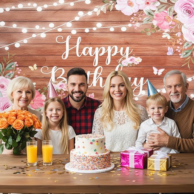 Happy Birthday Backdrop Banner Decorations Pink Floral Birthday Banner for Women Girls Glitter Lights Rustic Wood Birthdays Background for Backdrop Party Decorations 70.87x43.3in