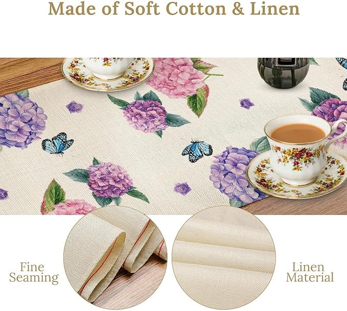 Hydrangea Table Runner, Spring Summer Watercolor Purple Floral Seasonal Country Farmhouse Coffee Table Center Decor for Home Kitchen Dining Patio Holiday Party Table Decorations 13x108 inches