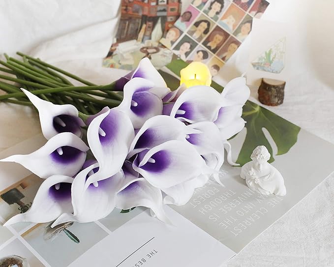DuHouse 20Pcs Calla Lily Artificial Real Touch Latex Flowers Fake Wedding Bouquet Home Wedding Party Decor (Purple White)