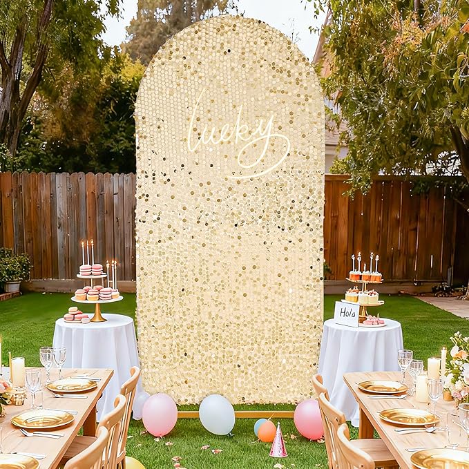 Big Payette Sequin Arch Cover: Light Gold 7.2 FT Arch Backdrop Cover for Arch Stand Glitter Wedding Arch Cover Backdrop Fabric for Birthday Halloween Celeberation