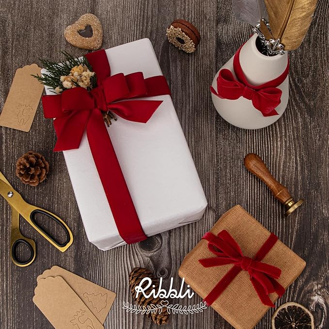 Ribbli Dark Red Velvet Ribbon 5/8 Inches Continuous 25 Yard Spool Dark Red Christmas Ribbon for Gift Wrapping Crafts Home Decor