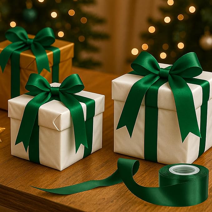 Fullive 1 1/2 Inch Christmas Ribbon, 30 Yards Forest Green Ribbon for Gift Wrapping, Polyester Solid Satin Ribbon for Flower Bouquet for St. Patrick's Day Christmas Decorations Floral Arrangements