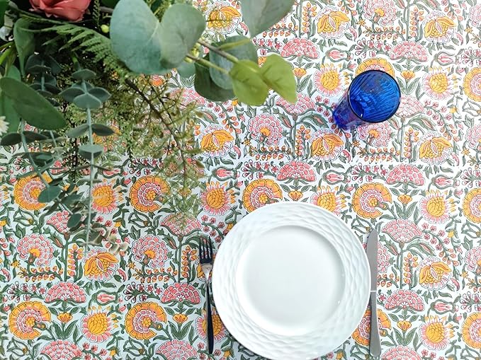 ATOSII Clover Yellow 100% Cotton Rectangle Fall Tablecloth, Handblock Floral Print Linen Table Cloth for Kitchen Dining I Parties, Outdoors, Christmas, Thanksgiving I 72 X 108 Inches I 8 Seater