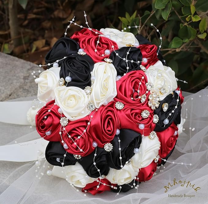 Bridal Wedding Bouquet Round Bling Brooch Bouquet Throw Toss Artificial Rose Flower Bunch for Bride Bridesmaid Wedding Quinceanera(Ruby Red, Black & Ivory, 7.5")