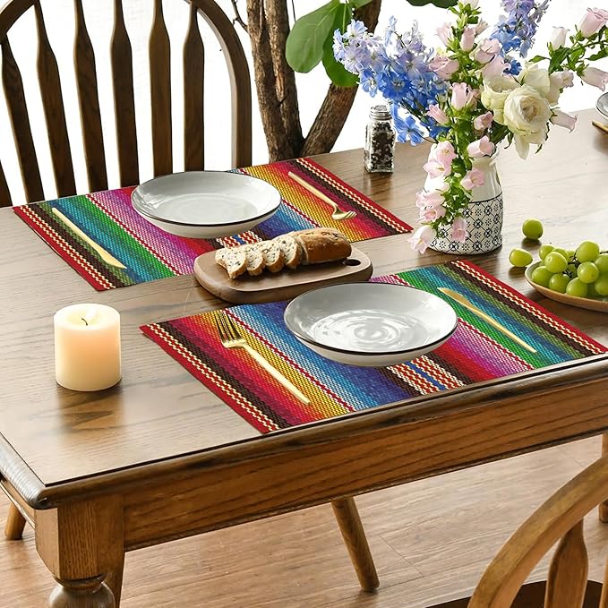 Mexican Colorful Stripes Placemats Set of 4, Placemats Dining Table Mat Set,12x18 Washable Stain Resistant Wipeable Cloth Placemat for Kitchen Buffet Parties