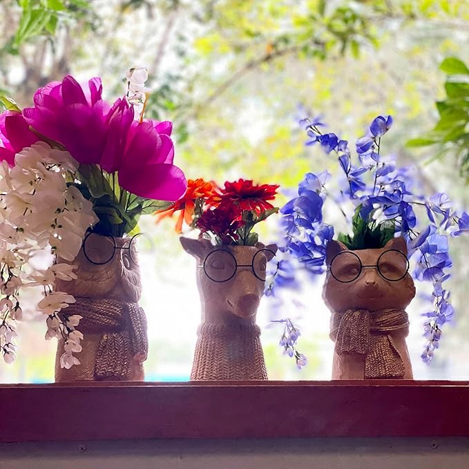 Set of 3 Bespectacled Animal Cement Vases – Fox, Owl, Deer, Gold Accents, Knit Textured Scarves, Real Wire Glasses, Whimsical Decorative Planters for Indoor Plants, Eclectic Gift for Home or Office