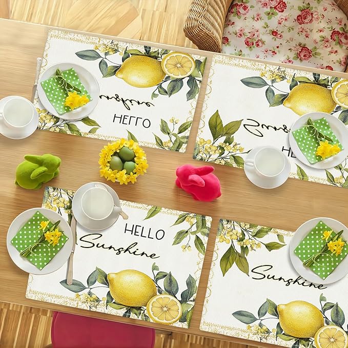 Lemon Iris Summer Placemats Set of 4, Rustic Fruit Place Mats, Country Hello Sunshine Dining Table Mats, Washable Placemats for Kitchen Dining Room Home Decor 18L'' × 12W''