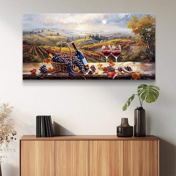 hyidecorart Rustic Wine Large Canvas Wall Art Dining Room Kitchen Still Life Painting Vintage Farmhouse Restaurant Decoration Colorful Artwork Prints for Bar Living Room Posters Landscape Wall Decor
