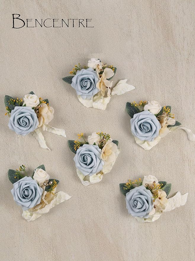 Dusty Blue Corsage for Wedding(Set of 6),Wrist Corsage,Corsage for Prom,Party Prom Hand Flower Decor,Mother of The Bride Corsage,