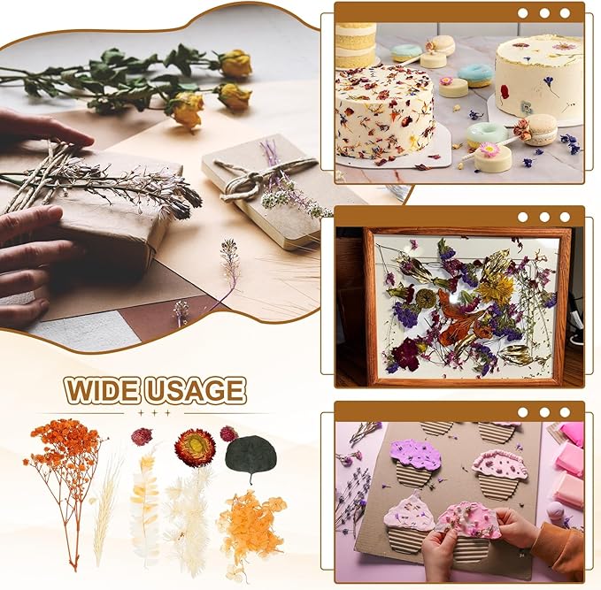 uxcell Natural Dried Flower Set, Dried Pressed Flowers Dry Leaves Bulk Natural Plants Kit Dried Flower Bouquets for Scrapbooking Crafts Resin Jewelry Candle (Orange)
