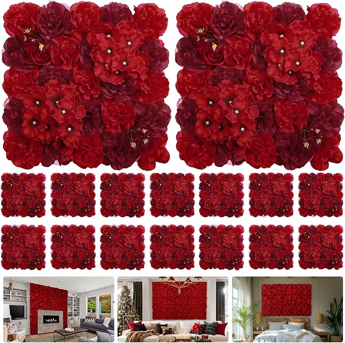 Artificial Flower Wall Backdrop 16pcs 16.5x16.5 Inch 3D Silk Rose Floral Wall Panel Ideal for Wedding Celebrations, Festive Party Birthday Backdrops and Elegant Home Decor-Red