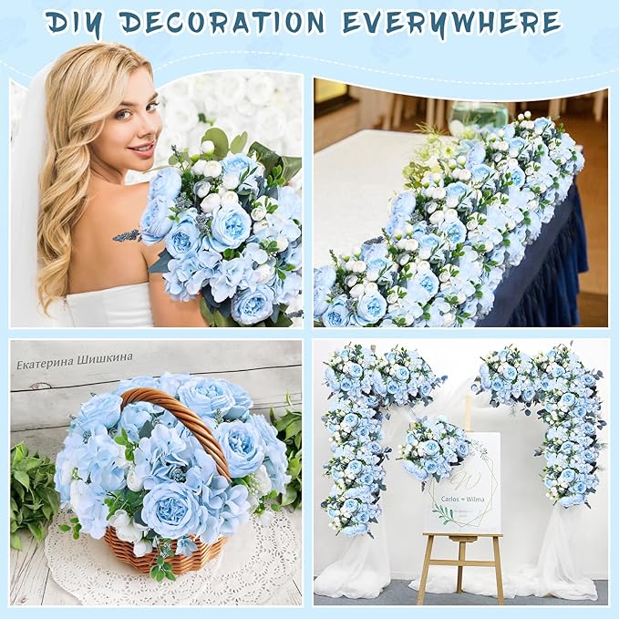 MARTINE MALL 2 Packs Peonies Artificial Flowers, Blue Artificial Peonies, Silk Peonies Flowers Fake Peonies Artificial Flowers Peonies Bouquet for Centerpiece Table Wedding Party Home Decor