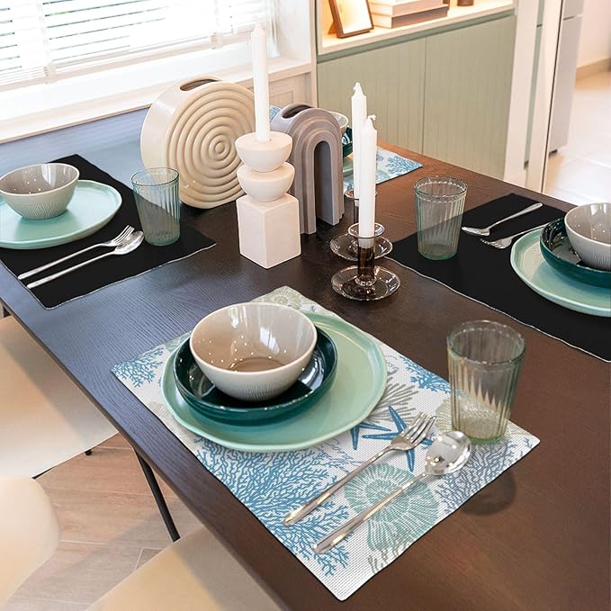 Starfish Placemats, Watercolour Summer Blue Underwater Coral Seashells Starfish Seahorse Sea Animals Print Washable Fabric Placemats Table Kitchen Dining Party 12x18 Inch Set of 6