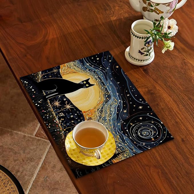 Cat Placemats Set of 4, Starry Night Black Cat Table Mats Place Mats for Kitchen Dining Table Decoration 16.9x11.4 Inch
