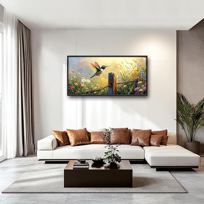 Hummingbird Flower Large Wall Art Farmhouse Framed Wall Decor for Living Room Bird Floral Pictures Oversized Canvas Print Painting Modern Extra Large Framed Artwork for Bedroom Office 60"x30"