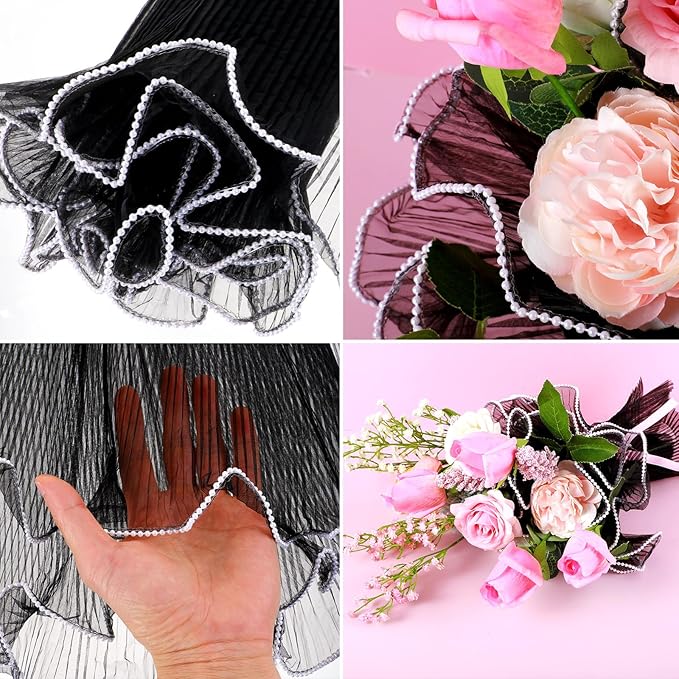 Ymapinc 4 Yard Black Pearl Mesh for Bouquets - Floral Pearl Mesh Paper for Flowers Wrapping and Packing Bride Wedding Decoration for Mother's Day Valentine's Day Graduation