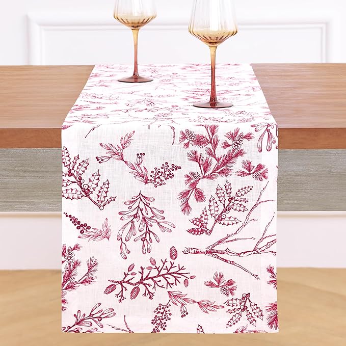 Solino Home 100% Pure Linen Christmas Table Runner 156 Inches Long - Red/White Table Runner 14 x 156 Inch - Handcrafted and Machine Washable - Winter Forest Print