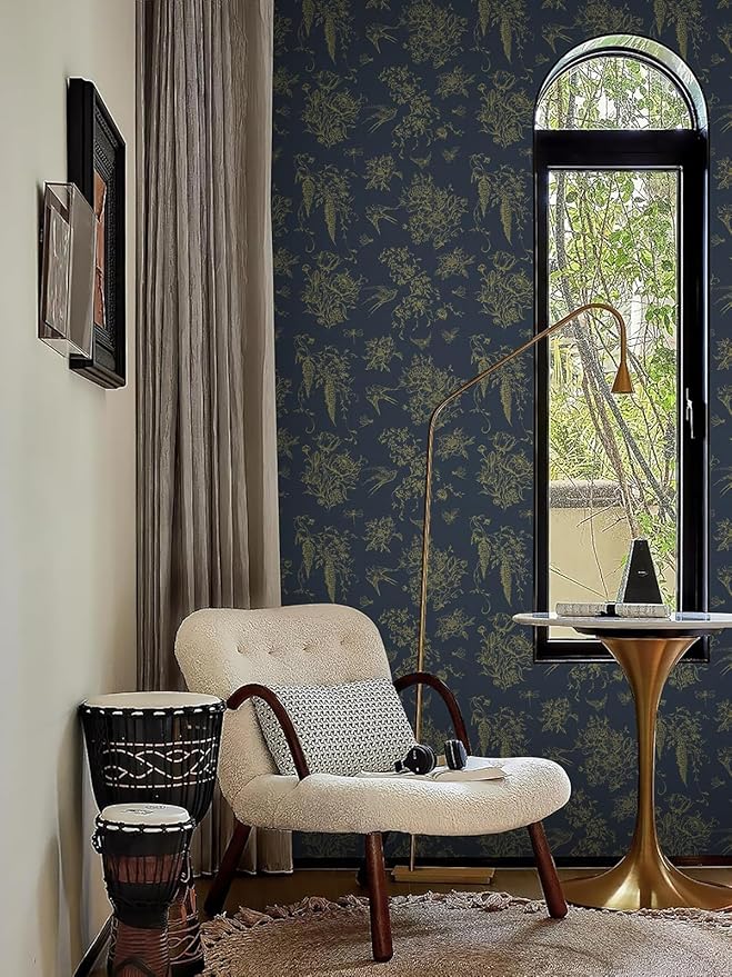 Floral Birds Wallpaper Peel and Stick Dark Blue Contact Paper 16.9”x 118.1” Vintage Floral Self Adhesive Removable Wallpaper Flower Birds Wall Paper for Bathroom Kitchen Decor Vinyl