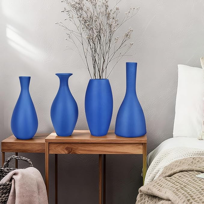 Matte Blue Ceramic Vase 4 Piece Set, Navy Blue Vase for Rustic Modern Home Decor, Coastal Decorative Vases for Living Room, Kitchen,Table,Shelf,Office,Housewarming,Gift