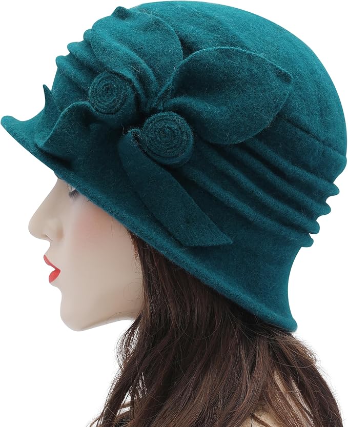 ZLYC Women Wool Cloche Bucket Hat 1920s Vintage Dress Winter Hats with Flower Accent