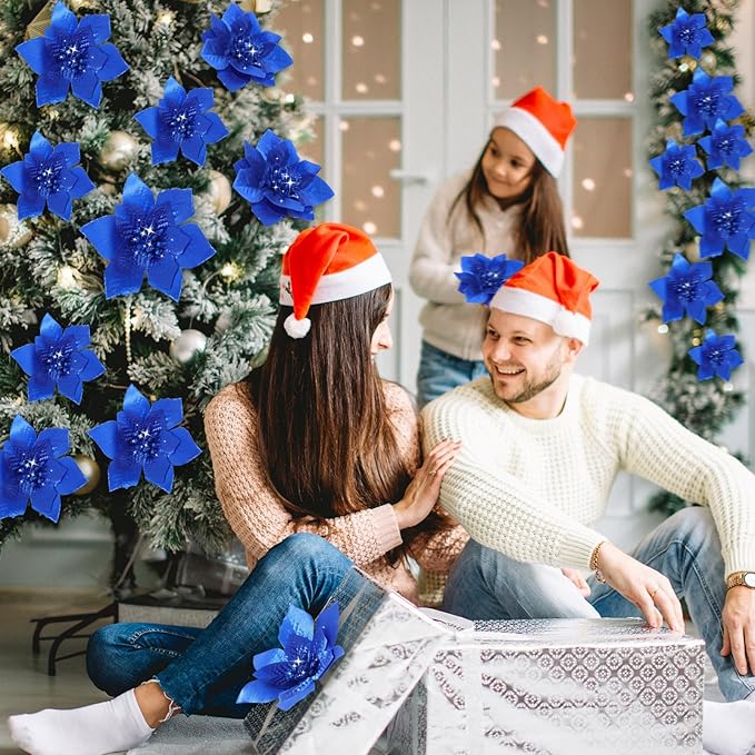 WILLBOND 24 Pcs 3 Size Poinsettia Flower Artificial Christmas Decor Glitter Poinsettia Christmas Ornaments Faux Flowers for Xmas Tree Outdoor(4/6/7.9 Inches,Royal Blue)