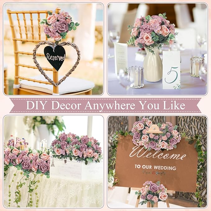 6 Pcs Artificial Peony Silk Florals Fake Mix Silk Peony Rose Faux Flower Hydrangea Bouquet Elegant Realistic Wedding Floral Centerpiece for Home Party Table Arrangement (Champagne with Purple)