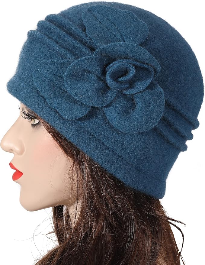 ZLYC Women Wool Cloche Bucket Hat 1920s Vintage Dress Winter Hats with Flower Accent