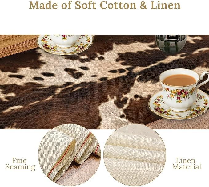 Cow Print Table Runner, Brown Cowhide Western Style Runner Country Farmhouse Cottage Patten Decoration for Home Kitchen Dining,13x70 Inch