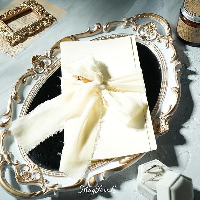 MAYREEL Ivory Velvet Ribbon 2 Inch Hand Torn Light Cream Silk Frayed Edge Ribbon for Bridal Bouquets Invitations Wedding Vow Books Gift Baskets Hair Bows 3 Yards