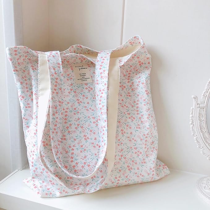 Cotton Canvas Tote Bag Reusable Soft Grocery Cloth Bag Floral Shoulder Bag for Beach Travel Shopping