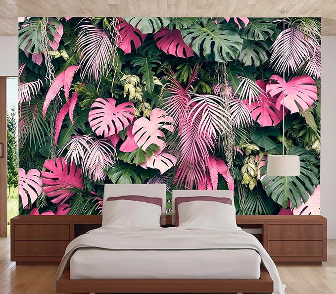 Cliouar-Leaves Green and Pink, Tropical Plants,Wall Mural Wallpaper Peel and Stick 137" x 102"